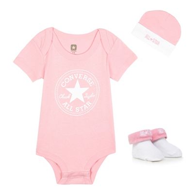 Baby girls' pink logo print bodysuit, cap and pair of booties